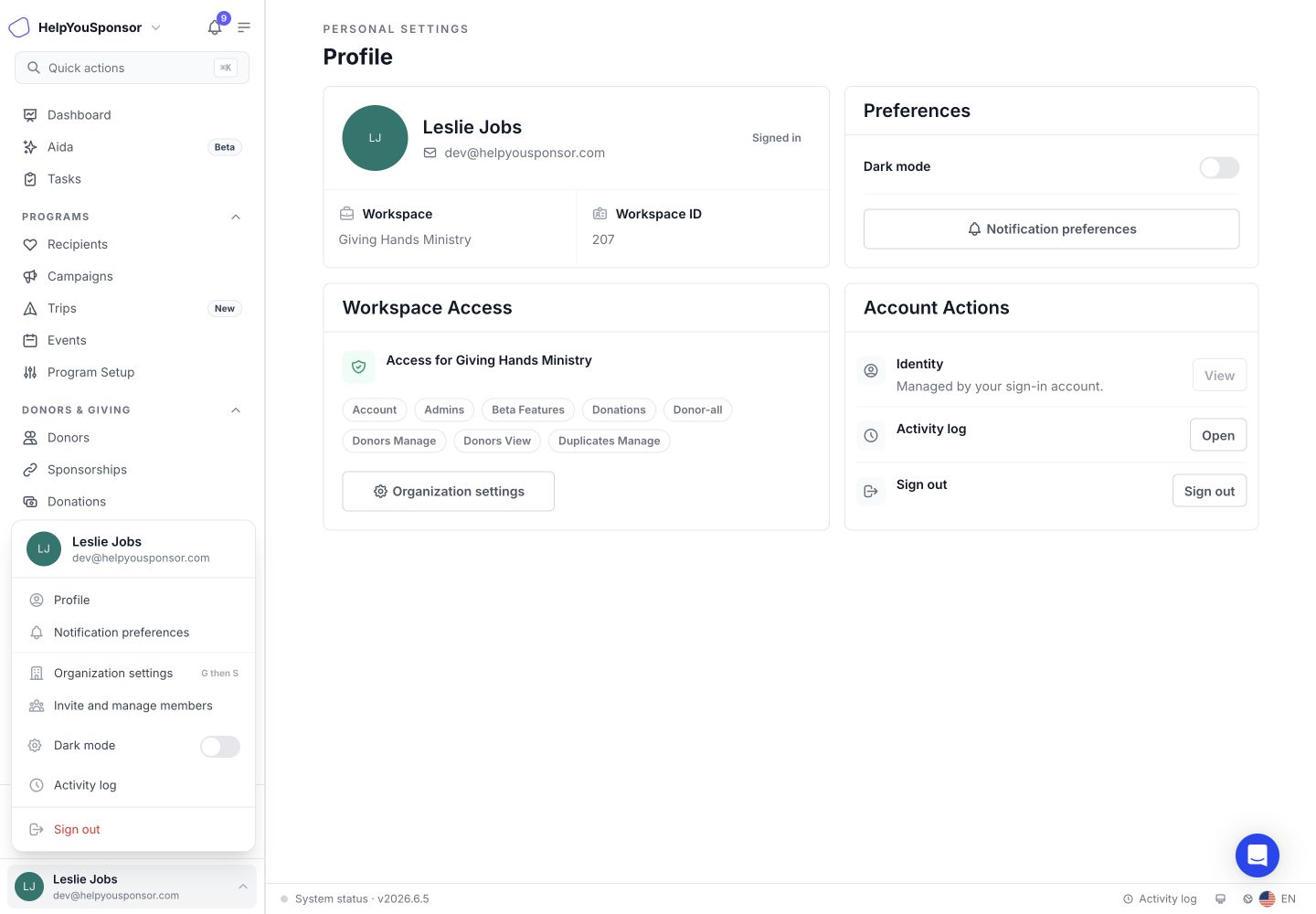 The account menu includes Profile, notification preferences, organization settings, dark mode, activity log, and sign out actions when available.