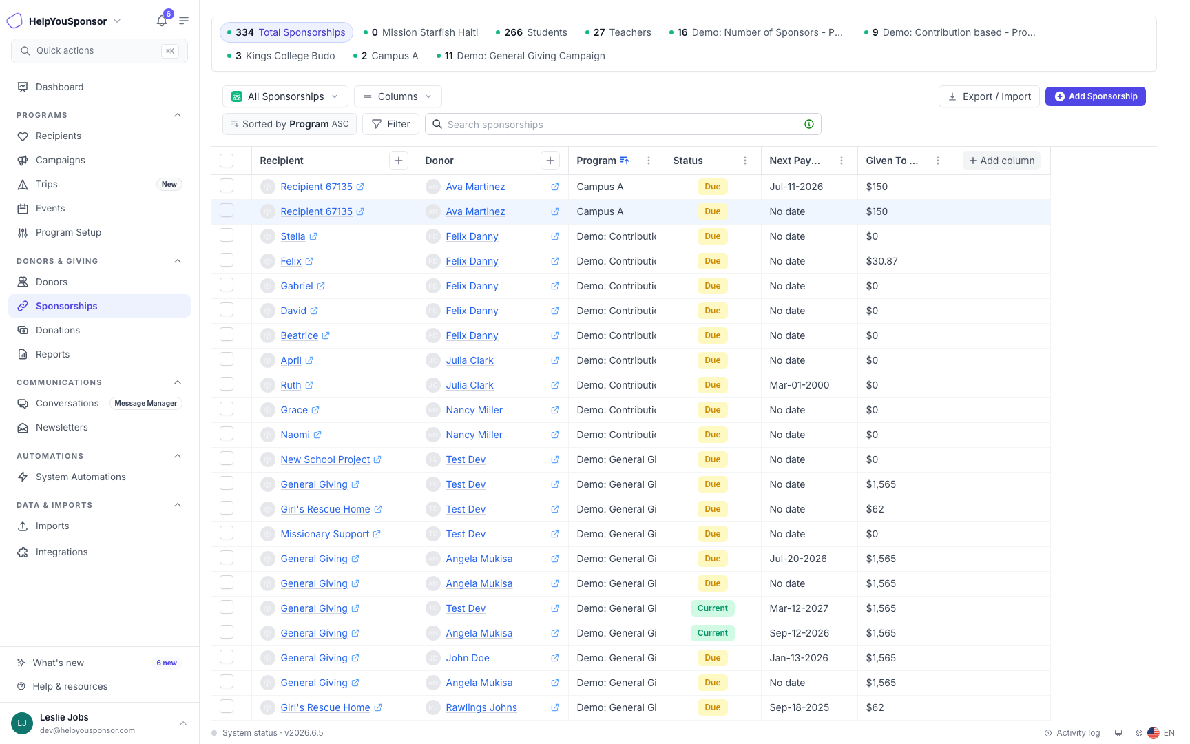The Sponsorships table brings donor-recipient commitments, payment status, and program context into one worksheet-style view.