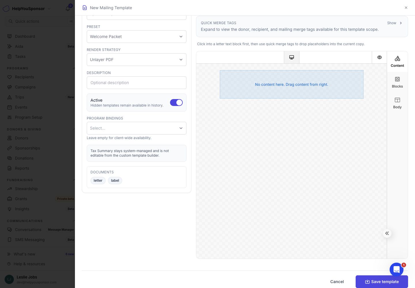 New Mailing Template drawer with scope, preset, program bindings, document tabs, and merge tags.