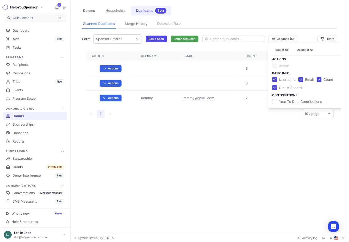 The Columns menu lets you add basic information, contribution metrics, and custom donor-form fields to the duplicate review table.