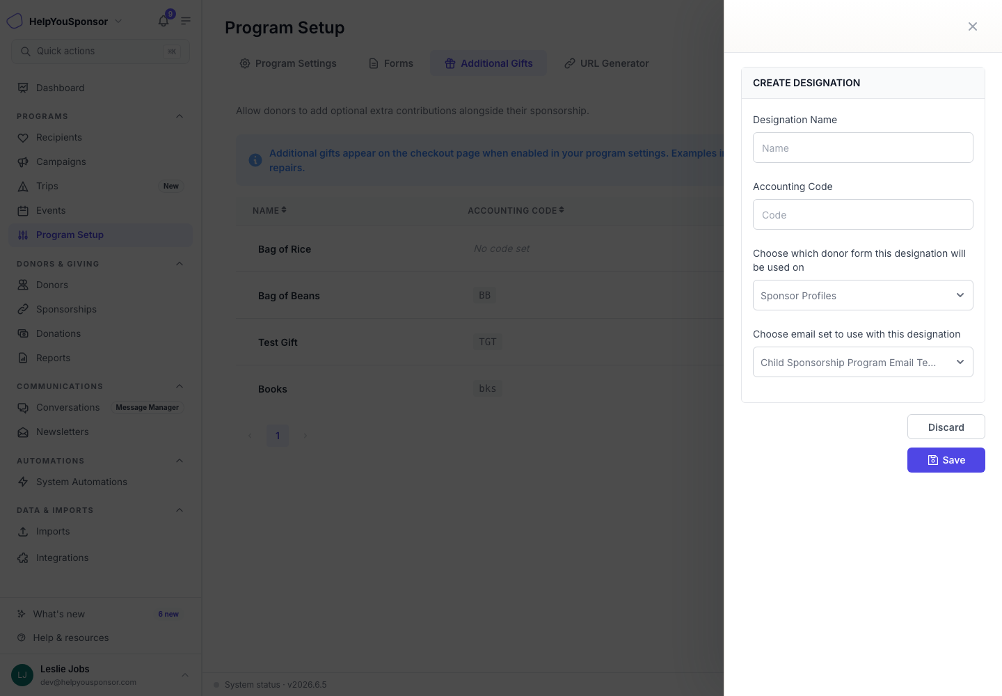 Create Additional Gift opens a drawer for the gift name, accounting code, donor form, and email set.