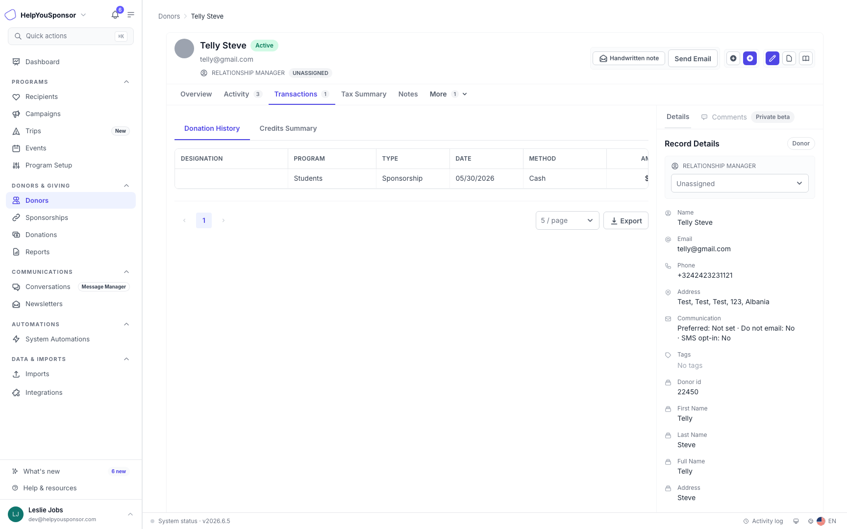 The Transactions tab shows the donor donation history, credit summary, export controls, and the same record details rail.