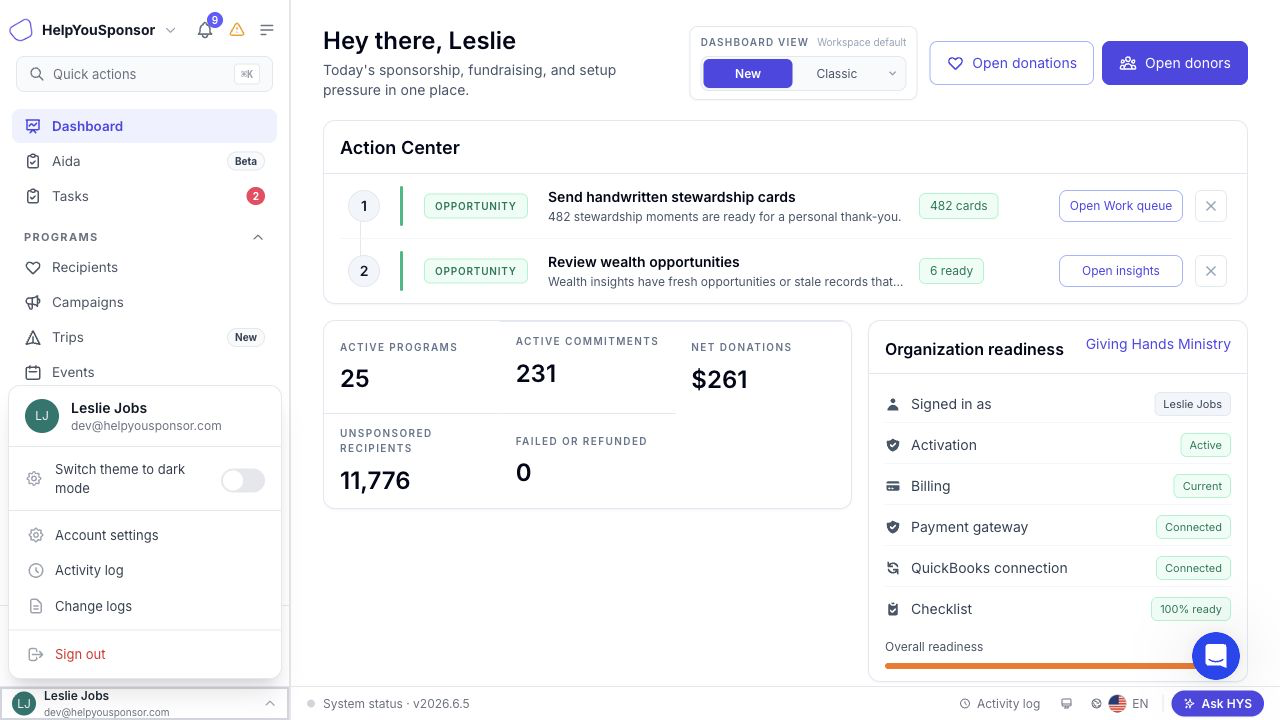 Account menu at the bottom of the sidebar.