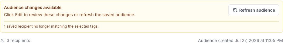 Newsletter audience notice showing a saved recipient who no longer matches the selected tags