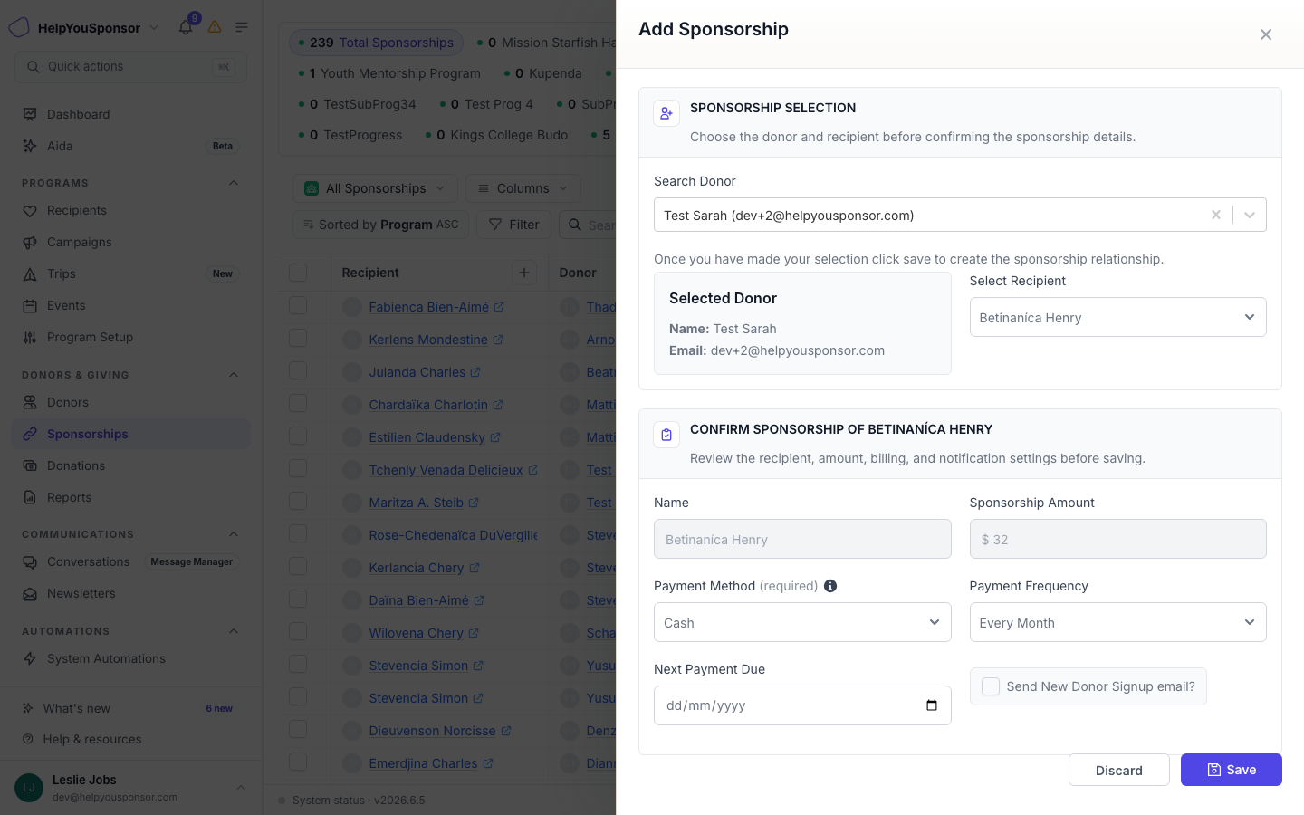 Step 2 shows the sponsorship amount, payment method, frequency, and next payment date.