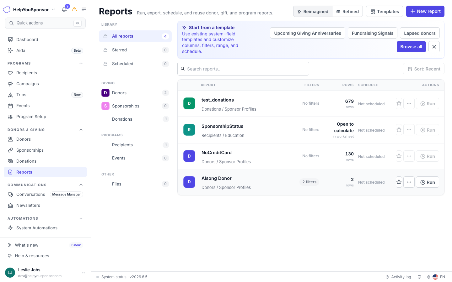 The Reports library shows all saved reports with their source module, filter count, estimated row count, and schedule status.