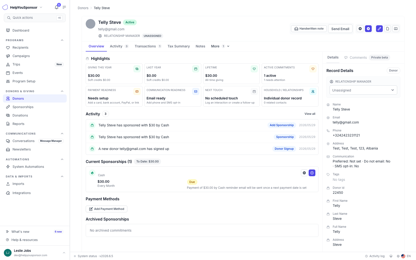 The donor profile page brings giving highlights, activity, commitments, payment readiness, and record details into one workspace.