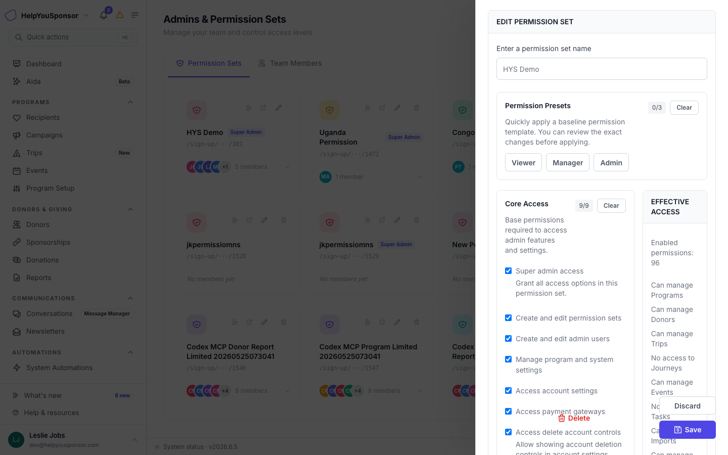 Edit Permission Set drawer showing configured permission checkboxes