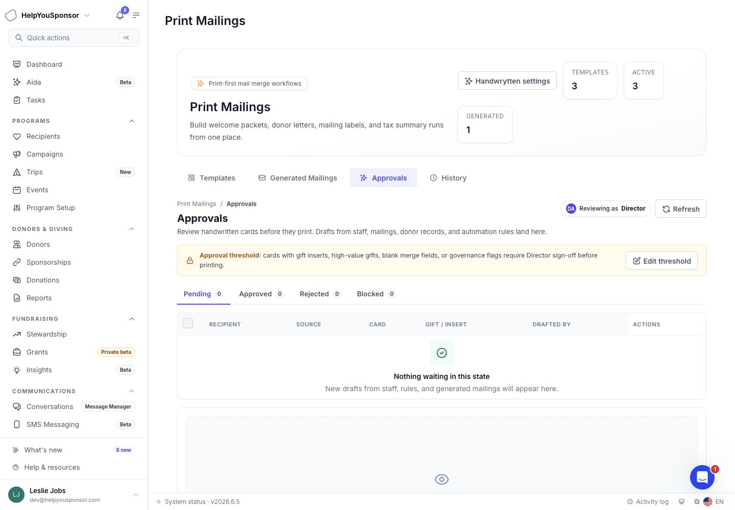 Handwrytten Approvals tab for reviewing cards created from staff work, generated mailings, donor records, and automation rules.
