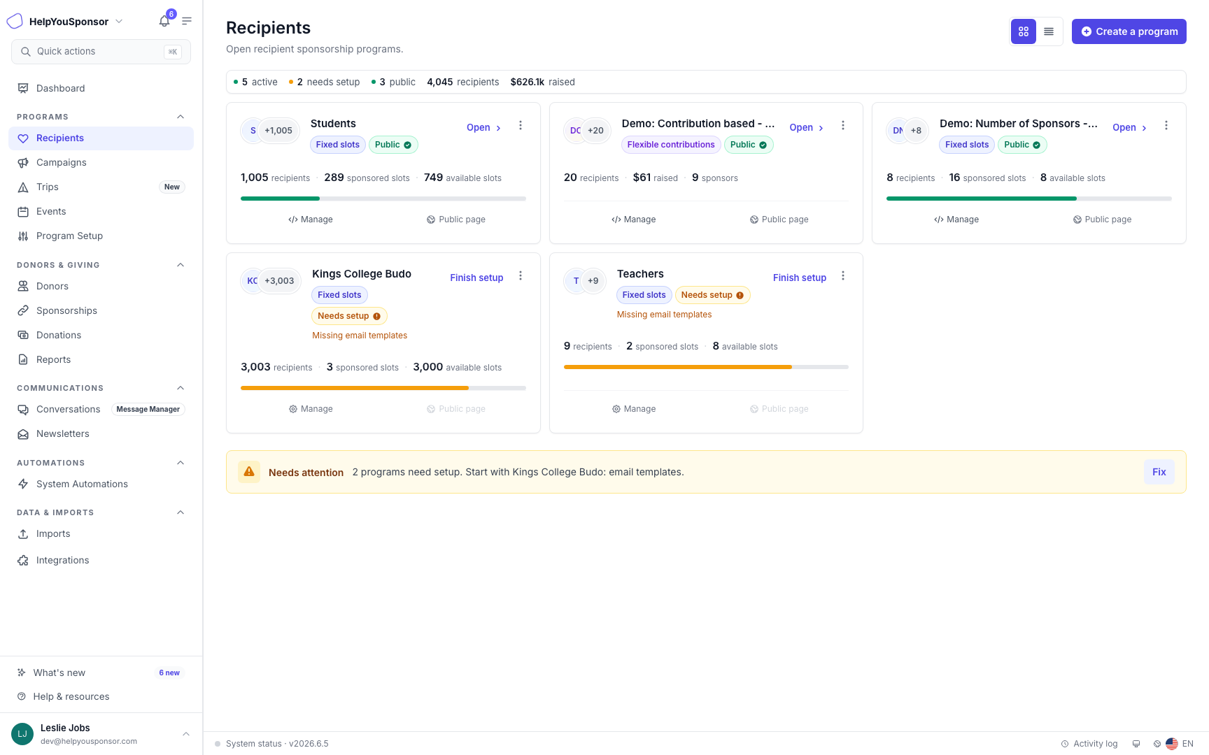 The Recipients overview helps you choose the program whose recipient records you want to manage.