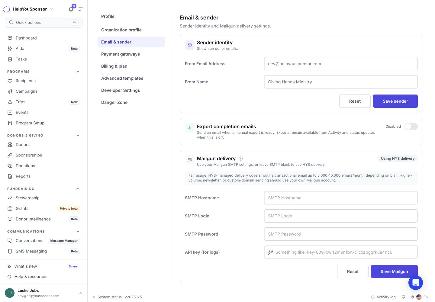 Email & sender is the current Organization settings page for sender identity, export completion emails, and Mailgun delivery.