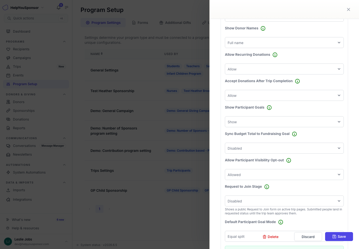 Trips settings add participant fundraising, request-to-join, budget sync, and reminder controls.