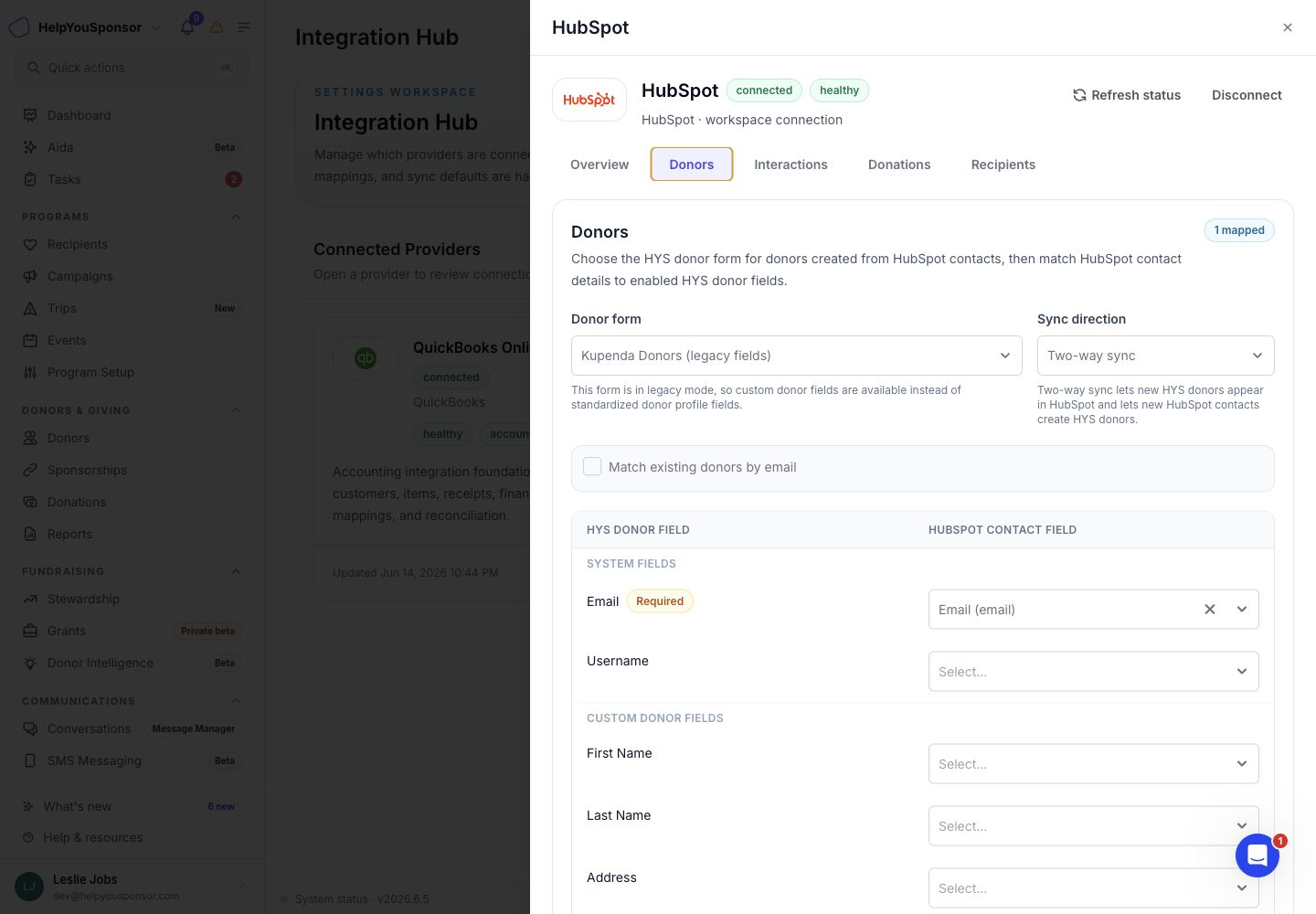 HubSpot donor mapping inside Connected Apps