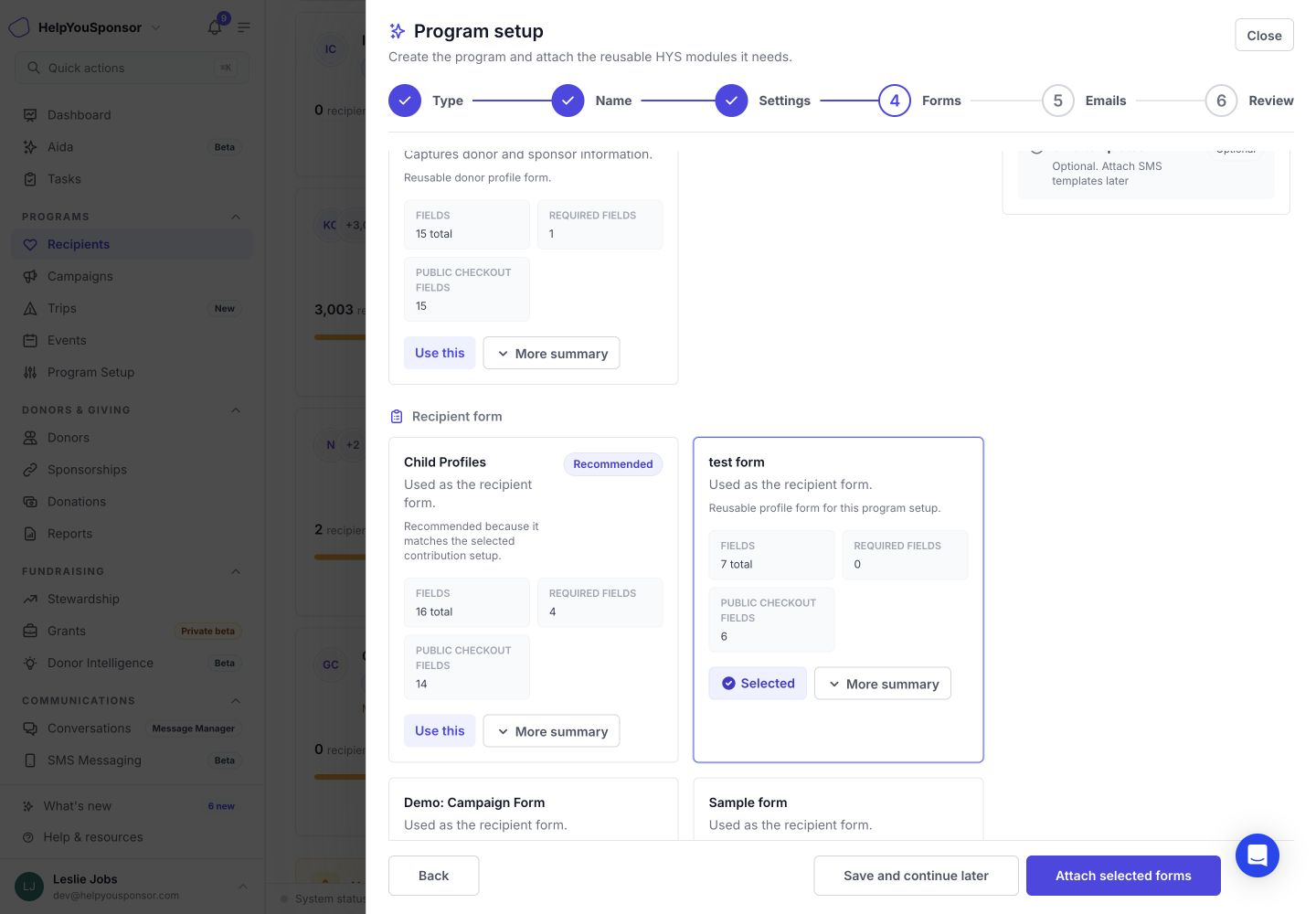 The program setup forms step attaches the donor and recipient forms that power program records and public workflows.