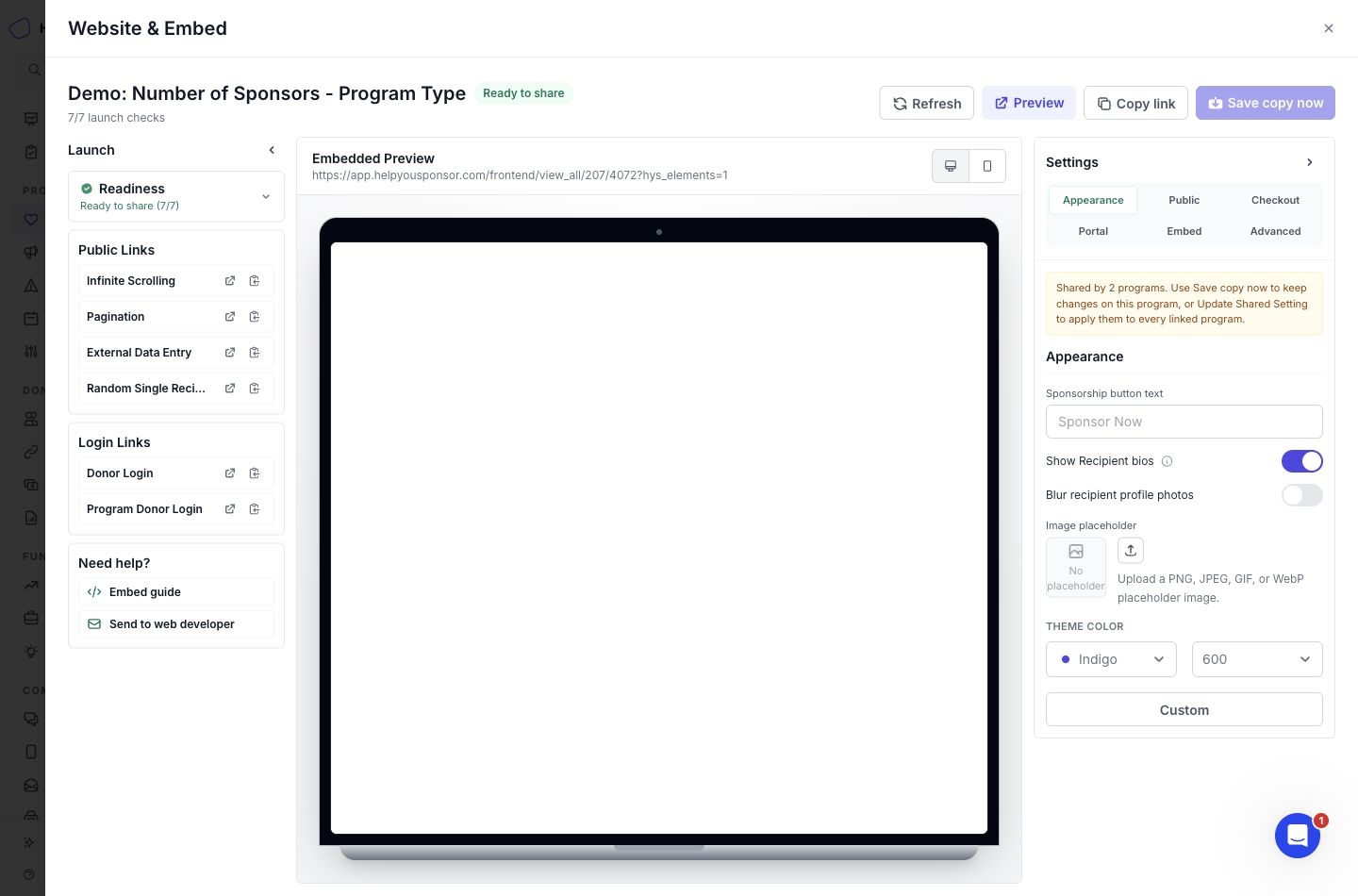 Website & Embed shows readiness, public links, donor login links, preview, and Smart Embed settings for a recipient program.