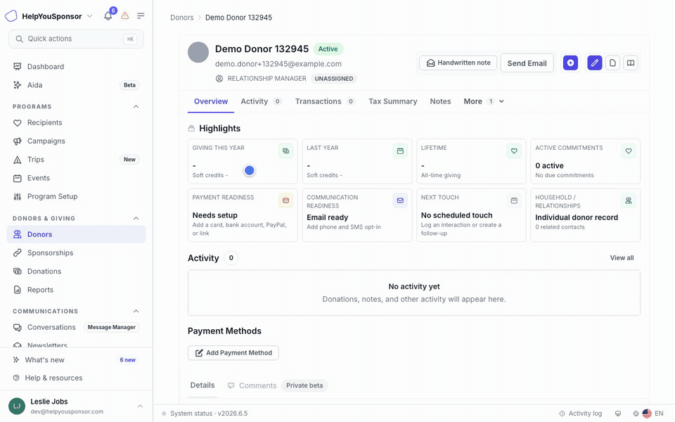 Animated walkthrough of adding a donation from the donor profile