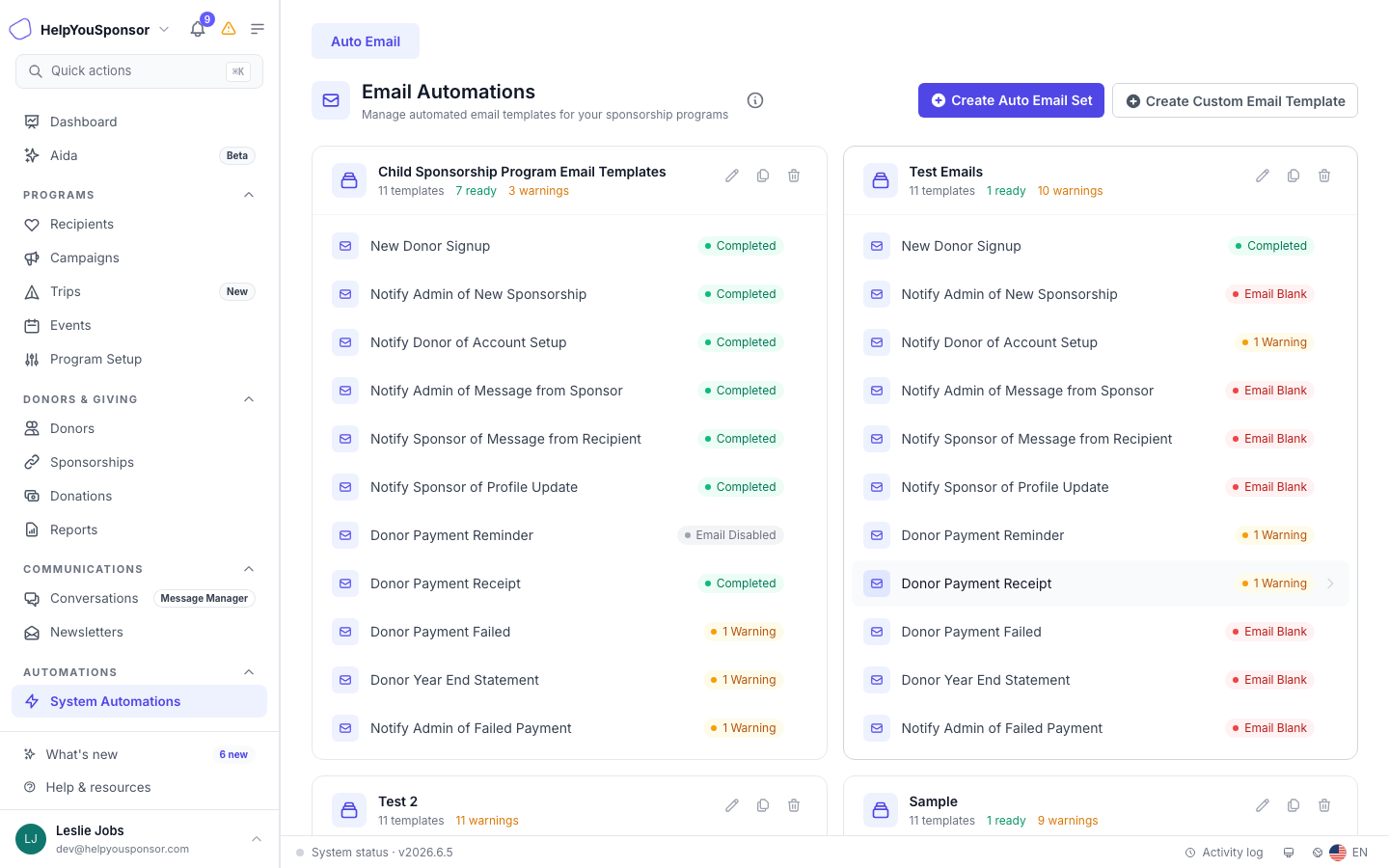 The Auto Emails page shows email set cards with template counts and status badges.
