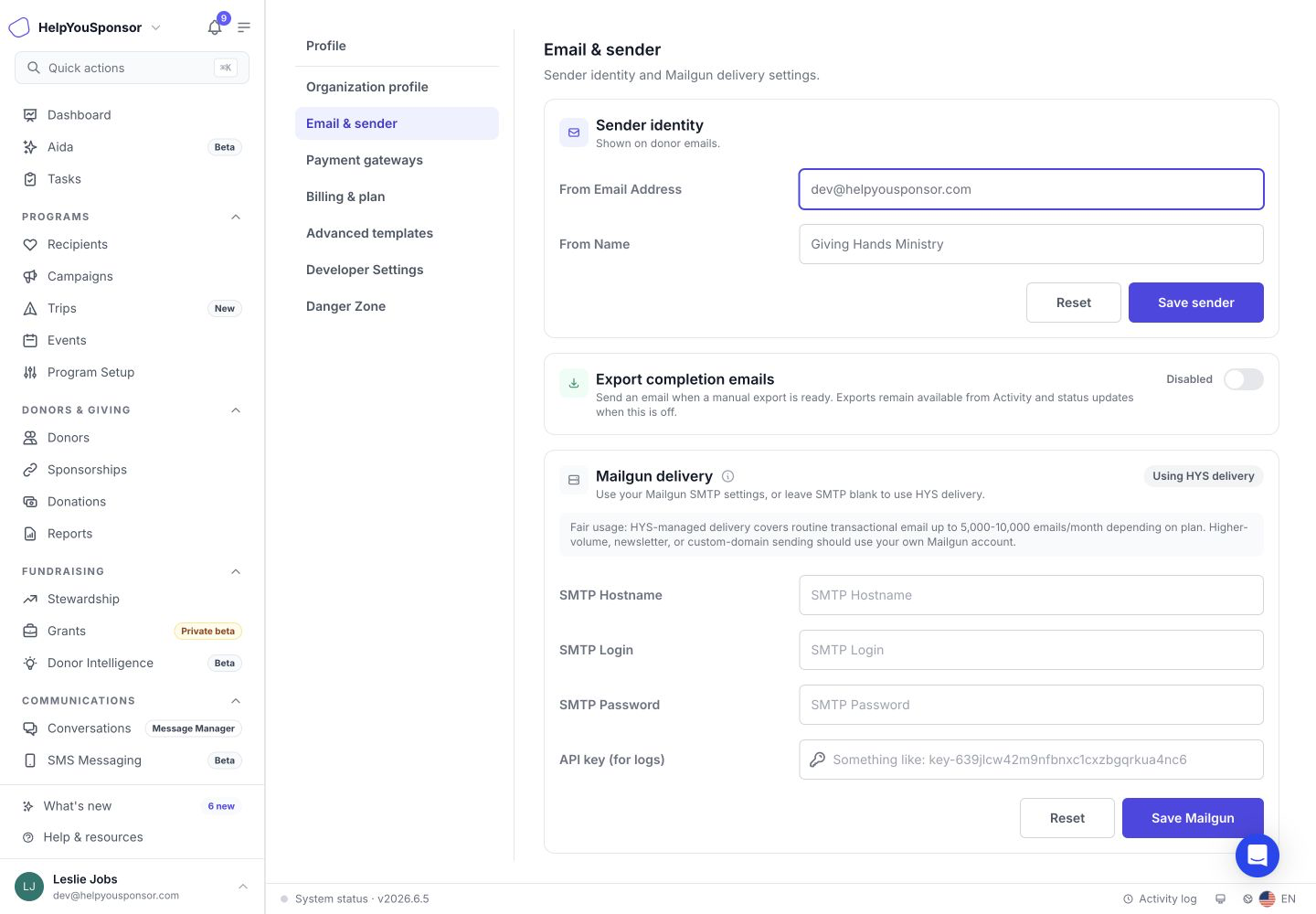 Export completion emails controls whether manual exports send ready notifications by email.