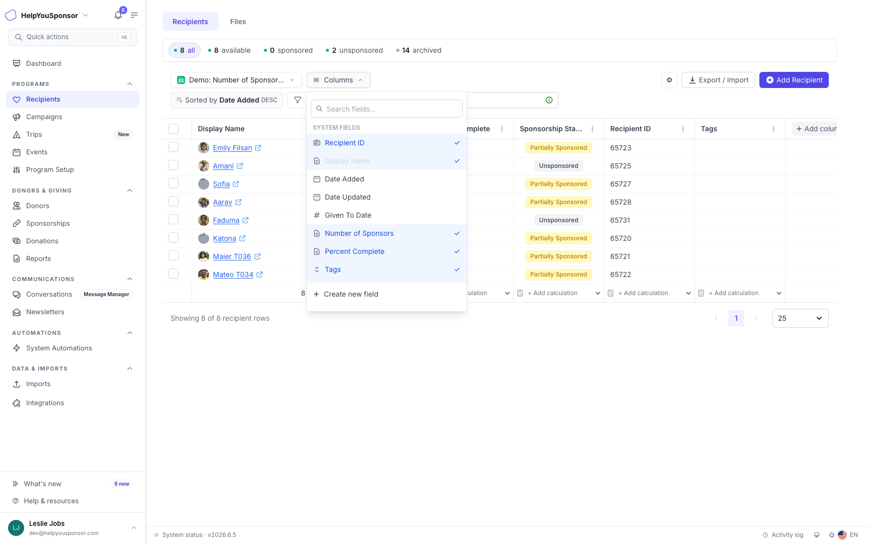 The Columns menu controls which recipient and system fields appear in the table.