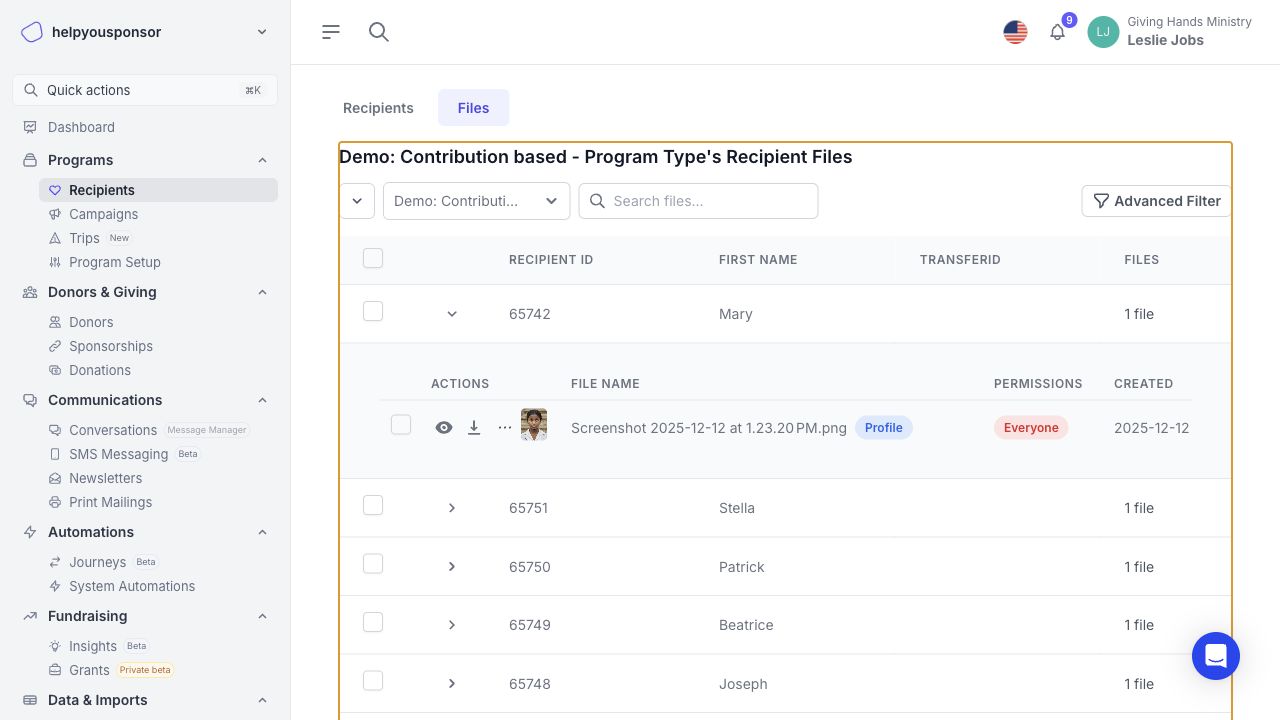 Expanded recipient row showing uploaded files