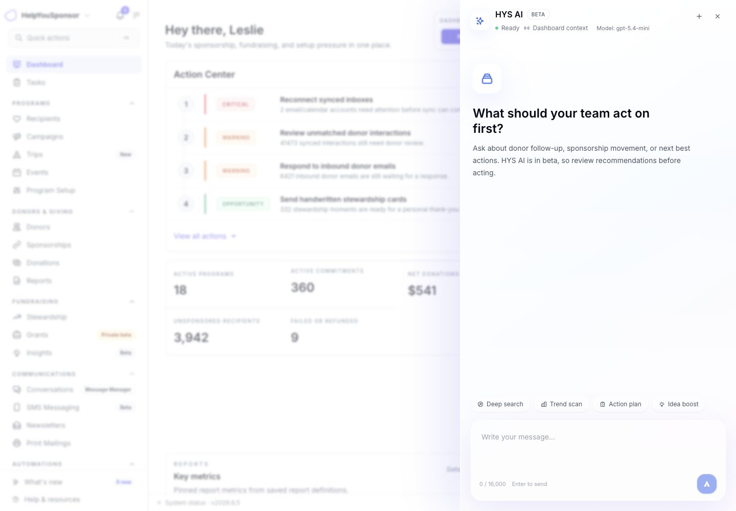 Tali drawer using dashboard context to answer fundraising operations questions.