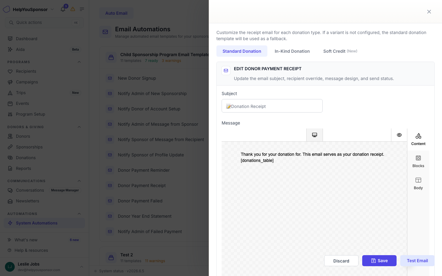 Variant tabs let you customize the message for each donation type.
