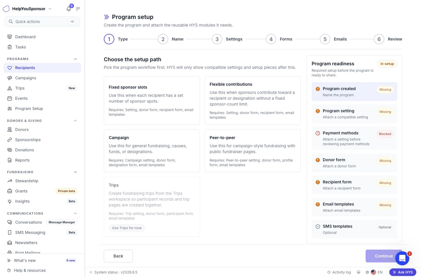 Choose the setup path that matches the way donors should support recipients.