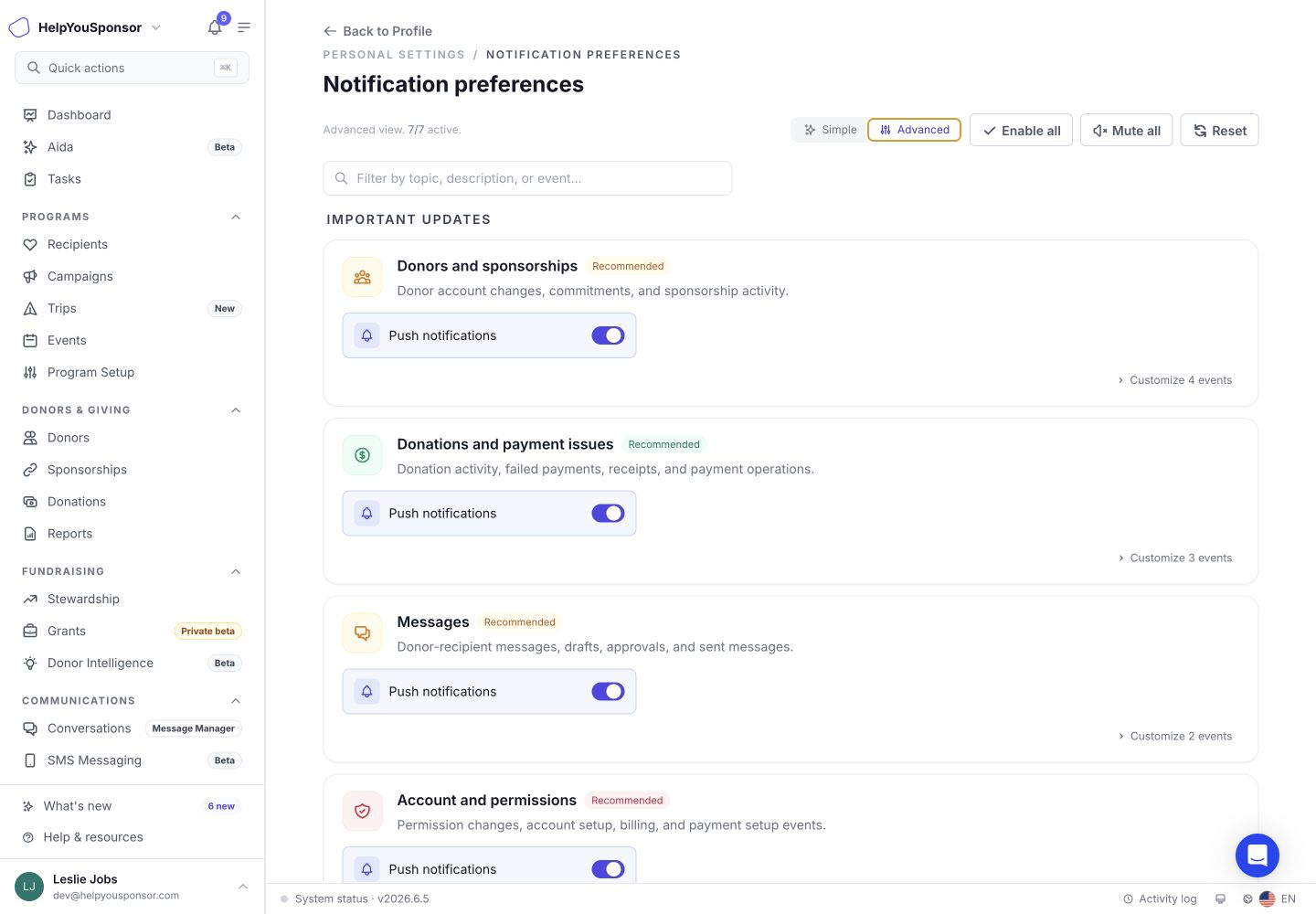 Advanced view lets you fine-tune channels and events inside each notification topic.