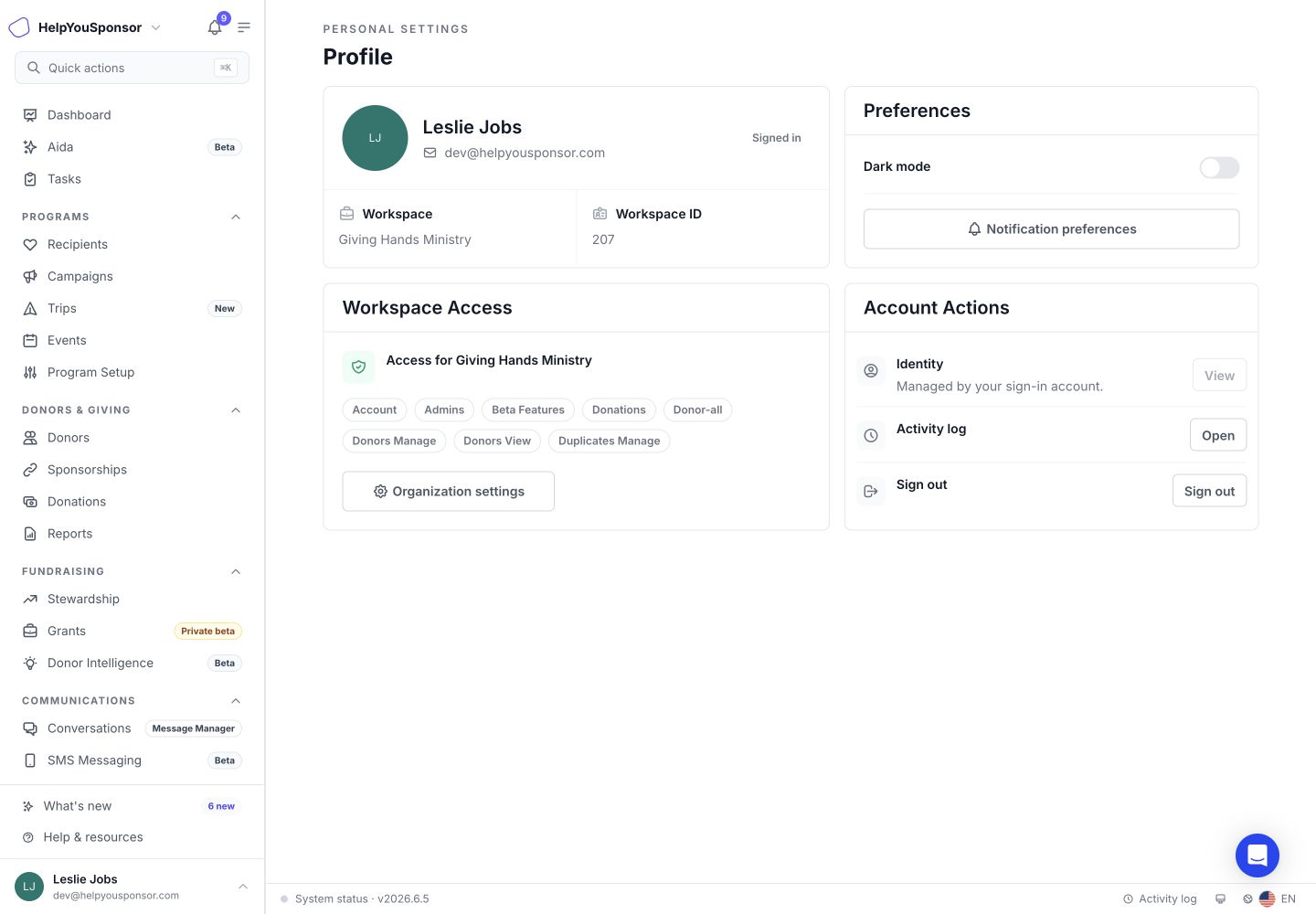 Personal settings > Profile shows your signed-in user, workspace, personal preferences, workspace access, and account actions.