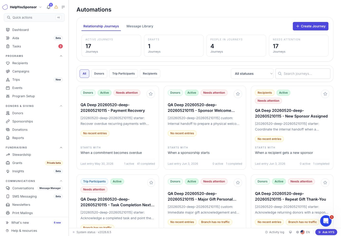Journeys overview with relationship journey filters, health metrics, and journey cards.