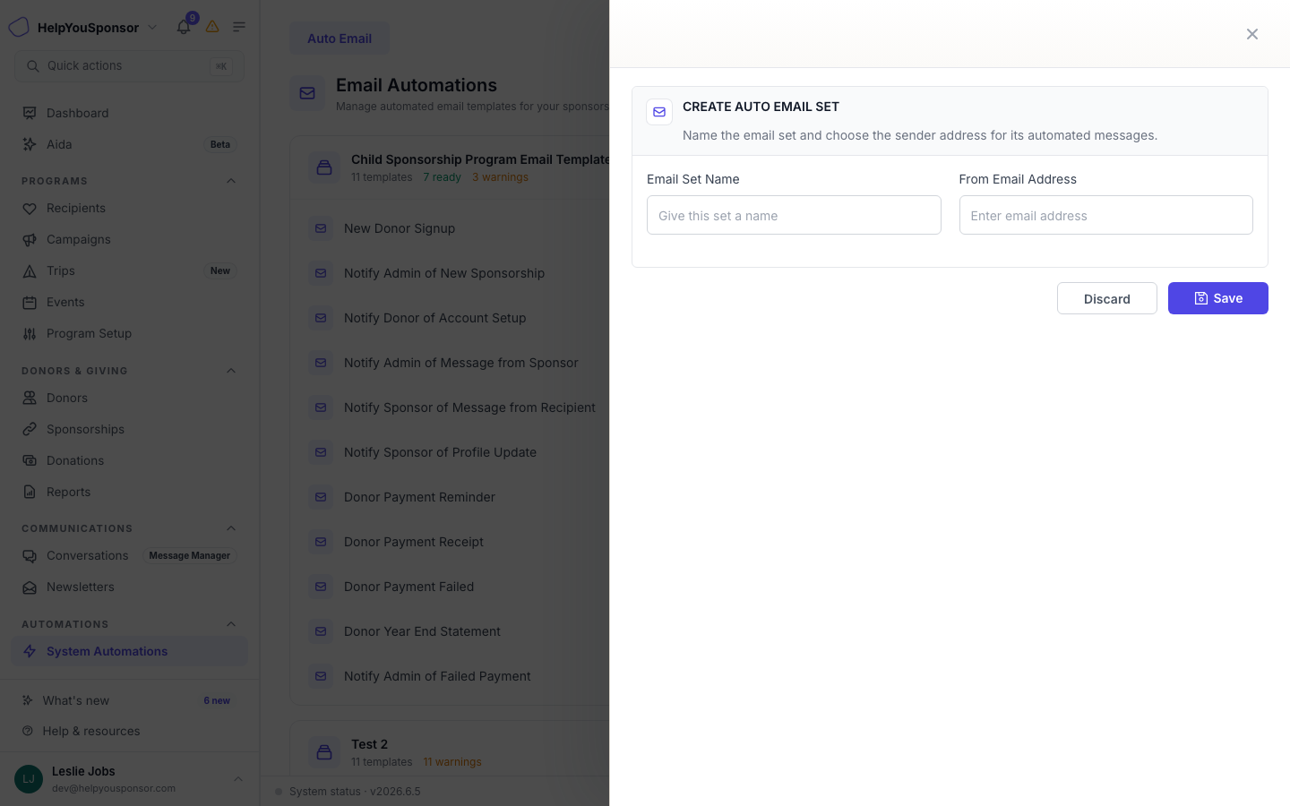 The Create Auto Email Set drawer asks for a name and from-email address.