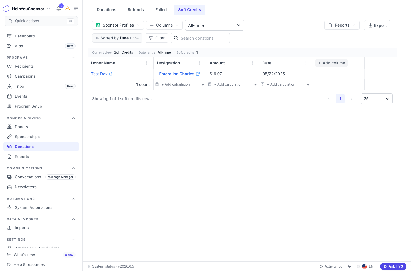 The Soft Credits view lists soft-credit rows separately from direct donation rows.