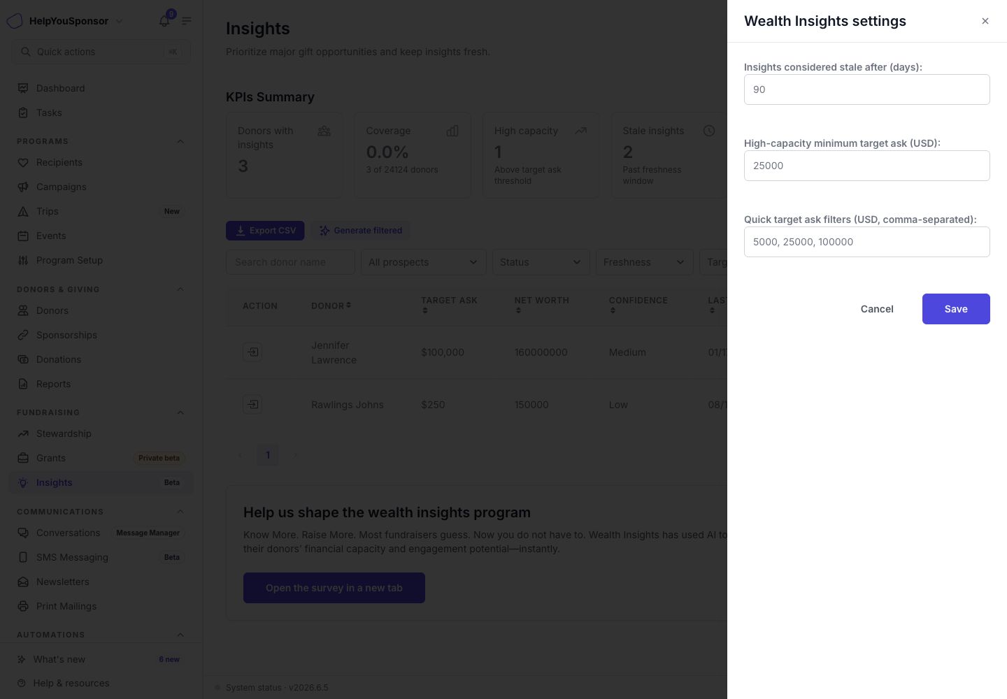 Donor Intelligence settings drawer with freshness, high-capacity threshold, and quick target ask filters.