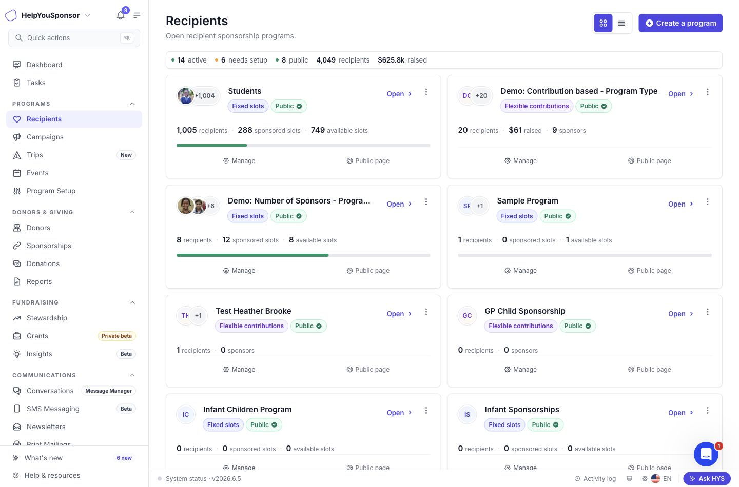 Recipients shows the sponsorship programs in your account and the option to create a new program.
