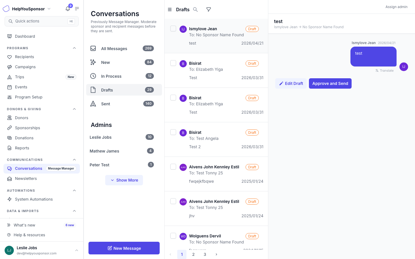 Recipient-submitted message with Approve and Send and Reject buttons visible in the detail panel.