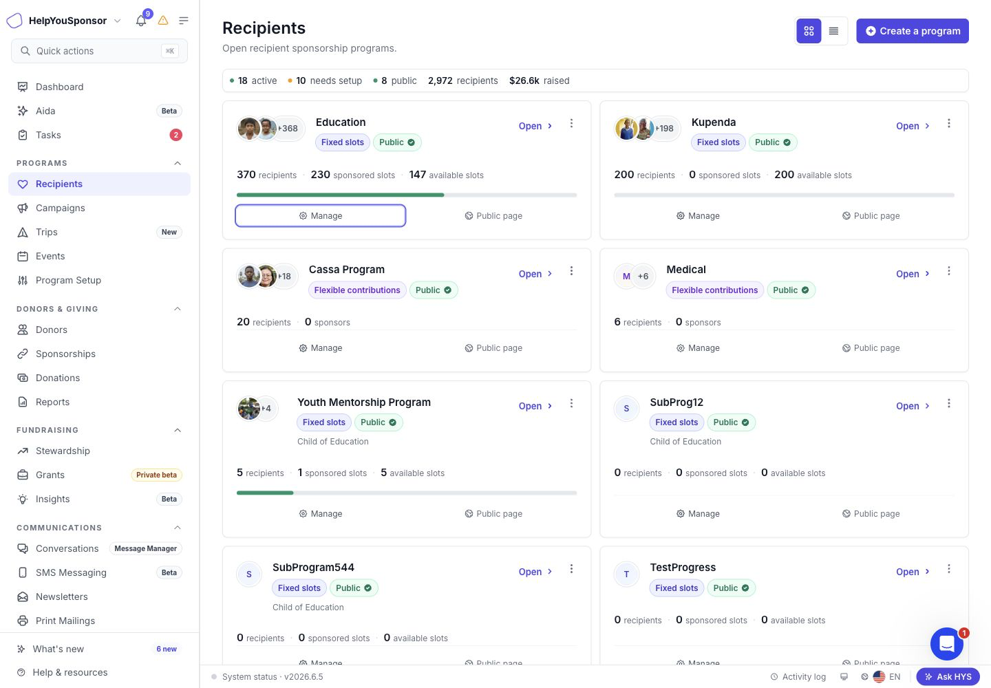 Open the Website & Embed workspace from a program card.