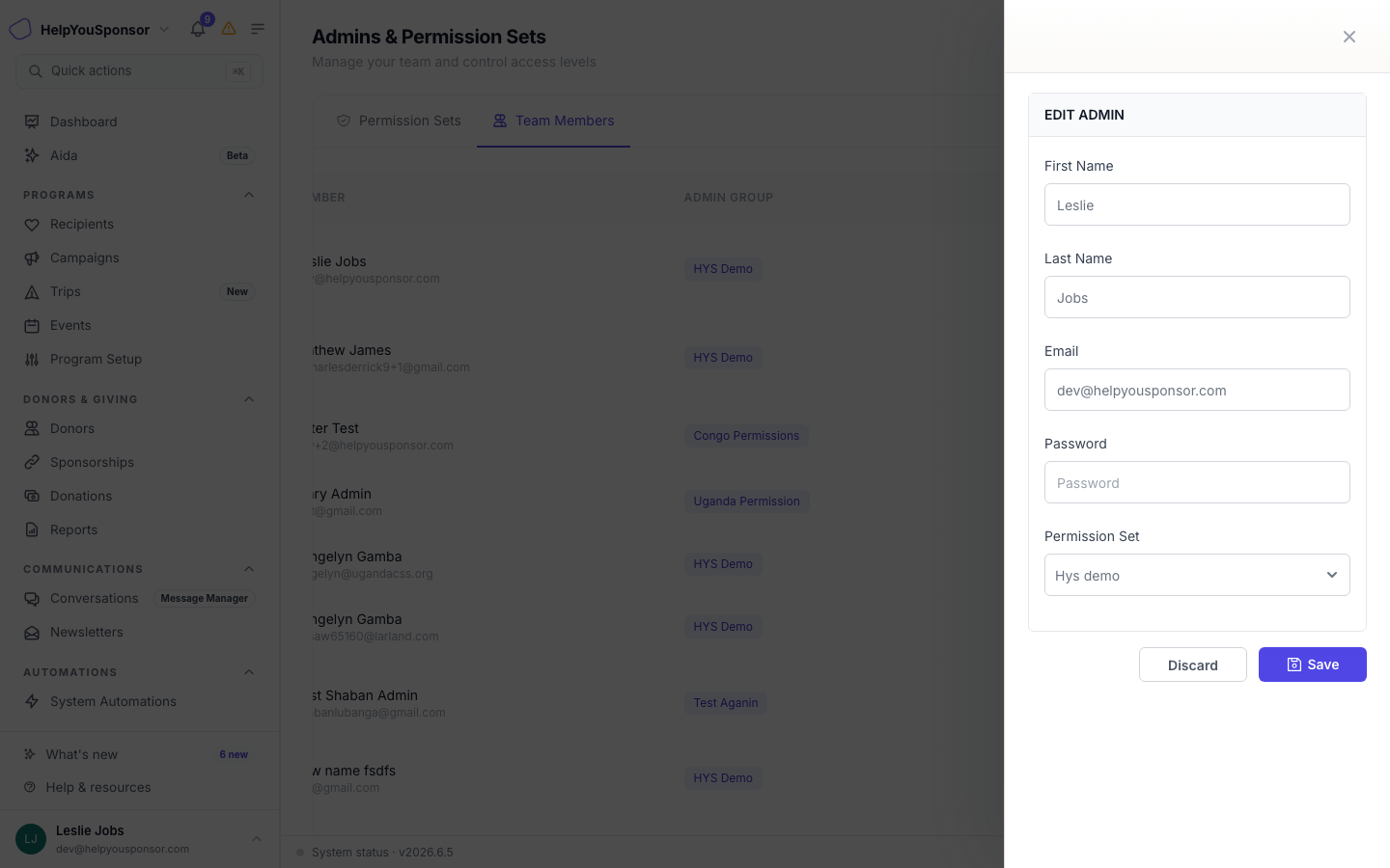 Edit Admin drawer showing a selected admin's details