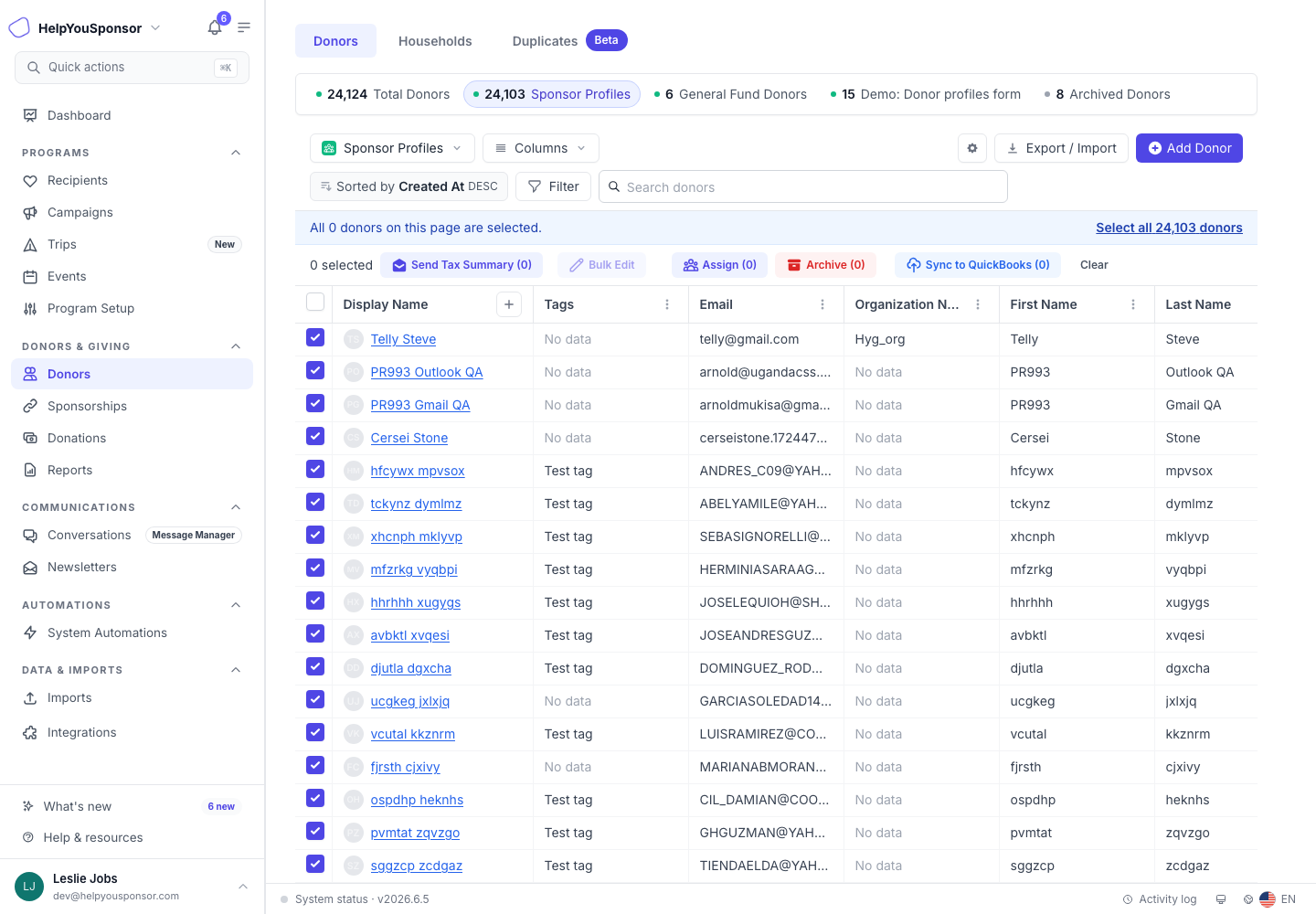 Bulk actions appear after you select donors from the active donor view.