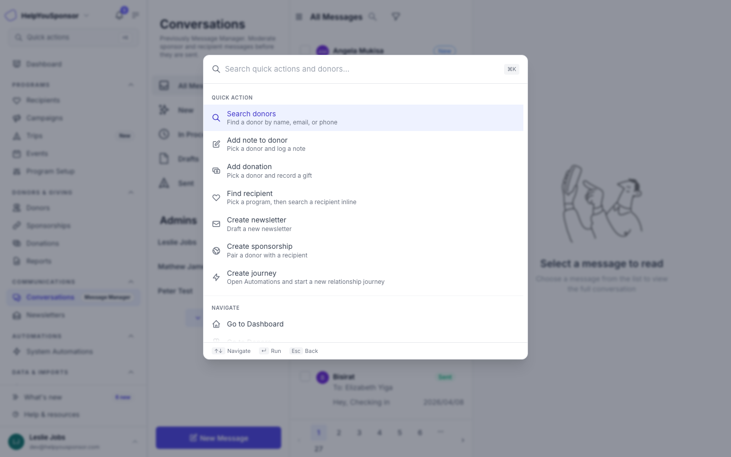 Search bar with search type selector and highlighted results in the message list.