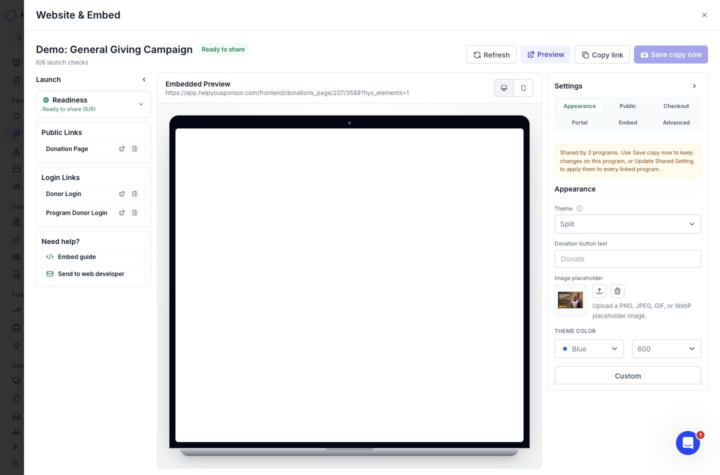 Website & Embed shows readiness, the campaign donation page link, donor login links, preview, and campaign page settings.