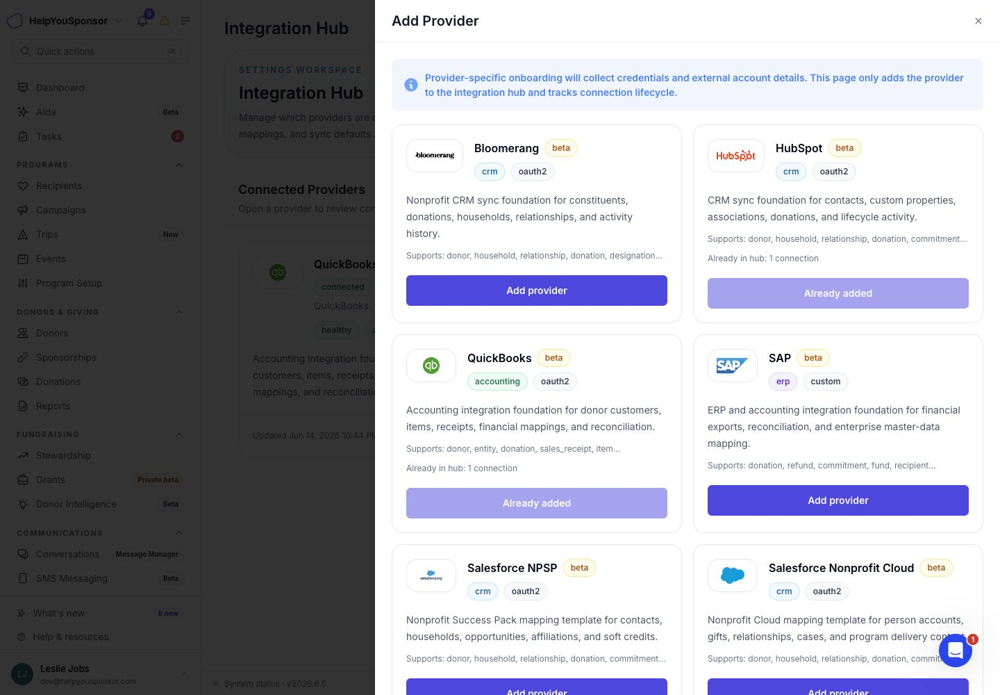 Add Provider drawer showing available provider cards