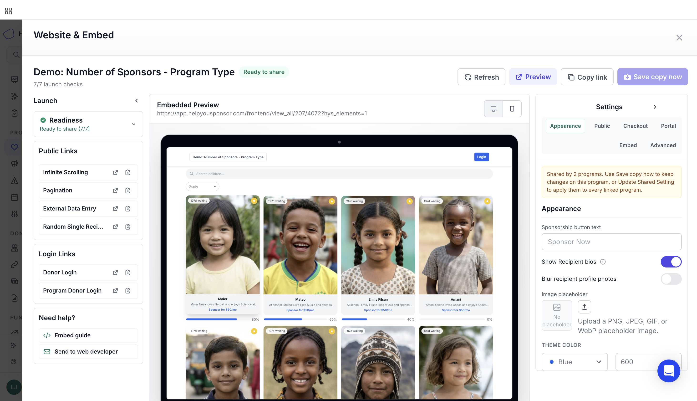 Website & Embed shows readiness, public links, donor login links, preview, and program settings.