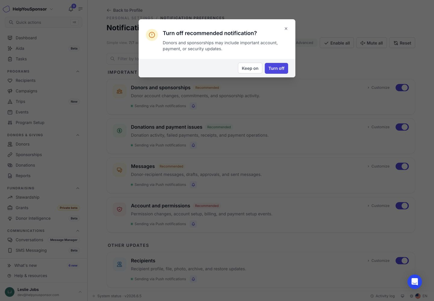 Recommended topics show a confirmation before they are turned off.