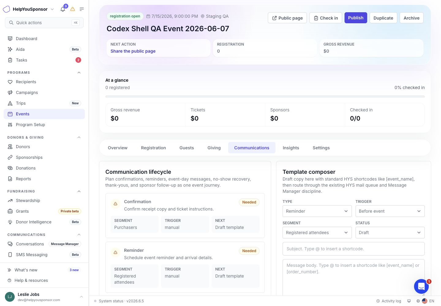 The Communications area keeps event confirmation, reminder, thank-you, no-show, sponsor, and follow-up message drafts together.