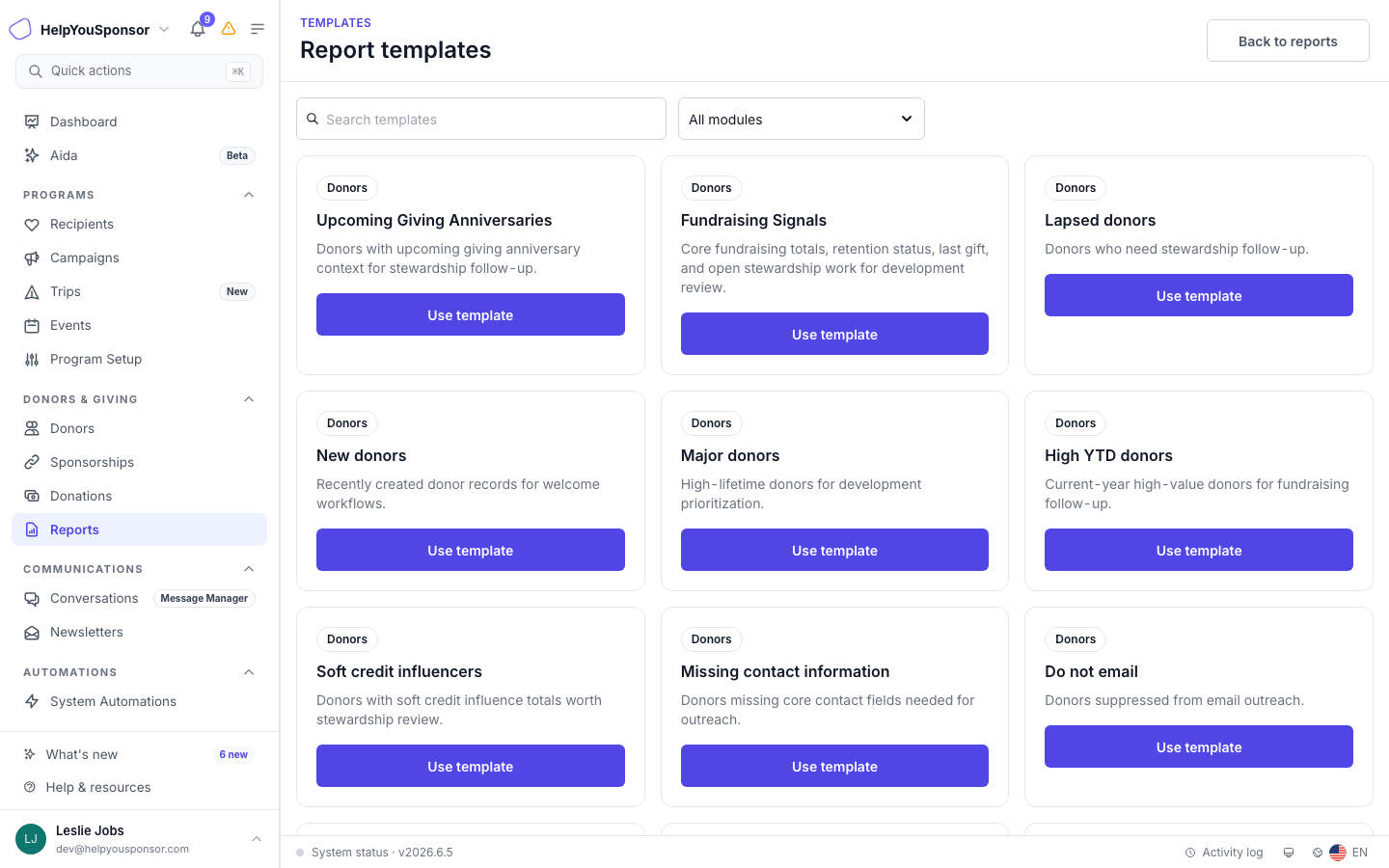 The Templates page shows reusable report templates grouped by module.