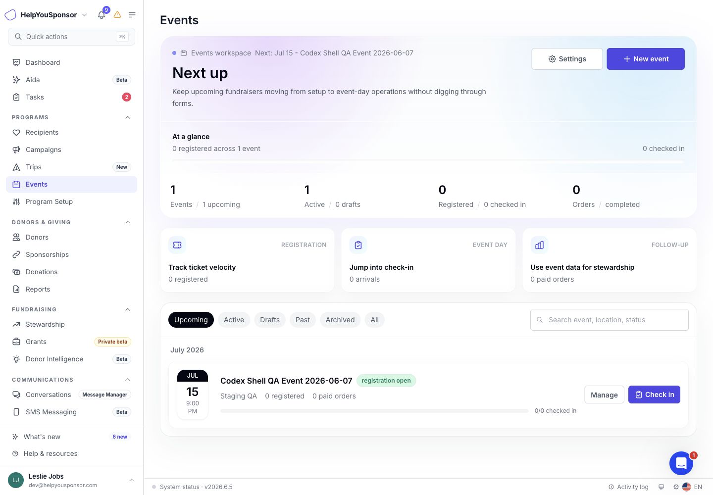 The Events workspace shows upcoming events, registration counts, completed orders, filters, search, event defaults, and the new event action.