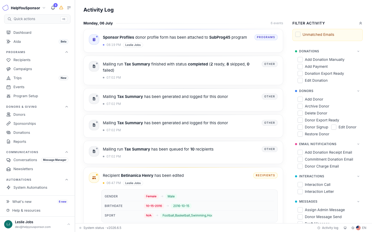 The Activity Log groups actions by date with category filters on the right.