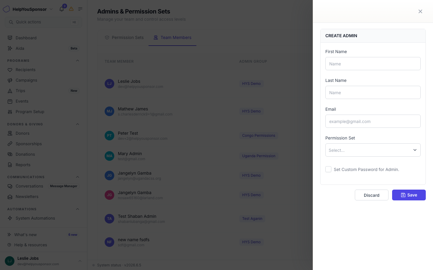 Create Admin drawer with name, email, and permission set fields