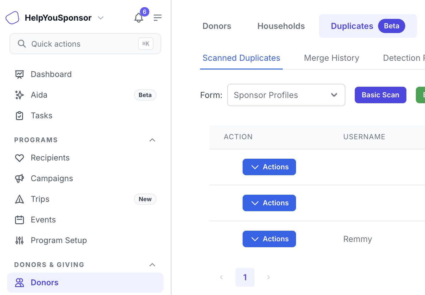 The Duplicates tab shows scan controls, the active donor form, and grouped duplicate results.