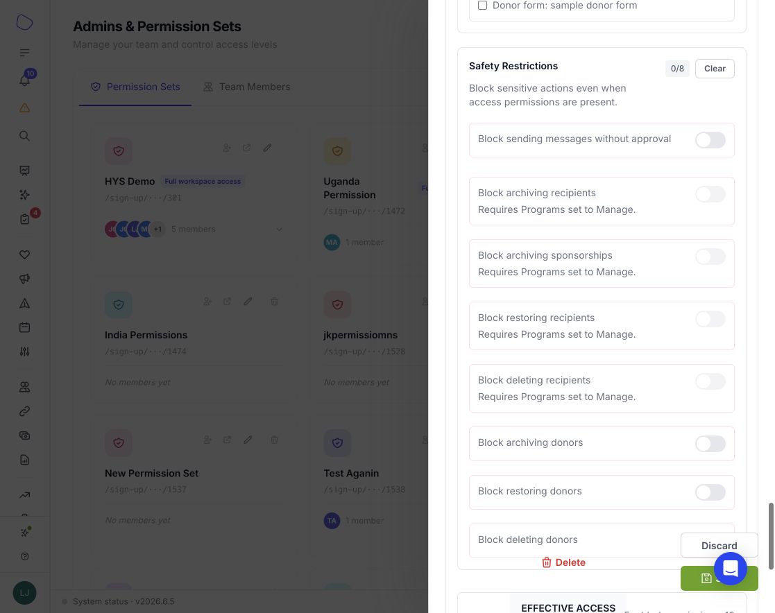 Permission set Safety Restrictions including recipient and sponsorship archive blocks